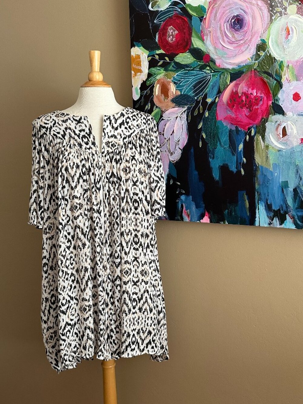 Soft Surroundings XL Boho Zip Front Tunic Dress Black Ivory Flowy Peasant